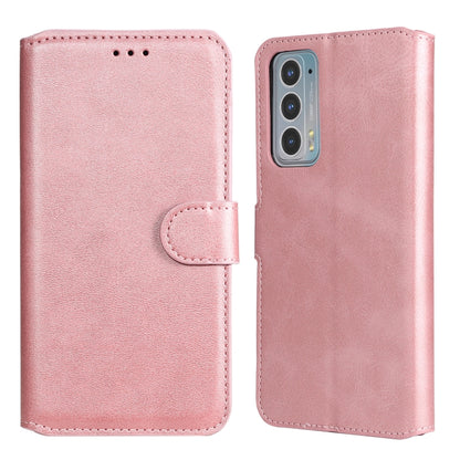 Rose gold flip phone leather case with side clasp, card slot, and camera cutout.