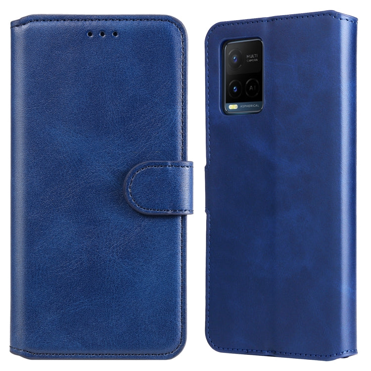 Blue flip phone leather case with side clasp, card slot, and camera cutout.