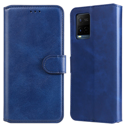 Blue flip phone leather case with side clasp, card slot, and camera cutout.