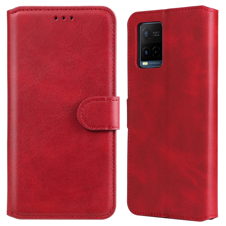 Red flip phone leather case with side clasp, card slot, and camera cutout.