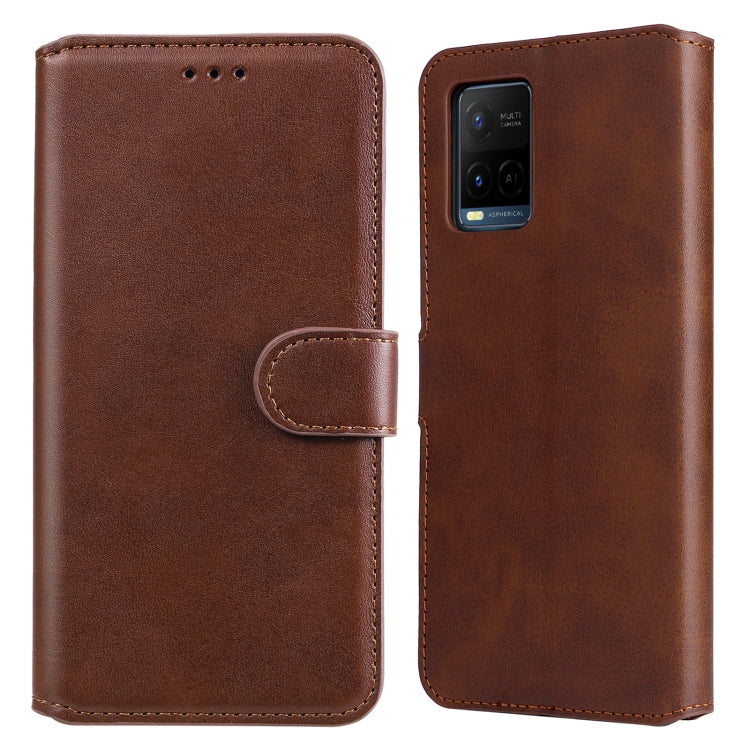 Brown flip phone leather case with side clasp, card slot, and camera cutout.