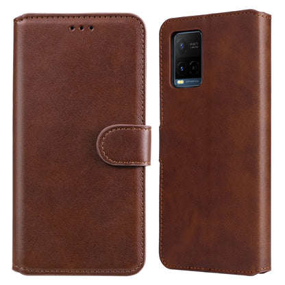 Brown flip phone leather case with side clasp, card slot, and camera cutout.