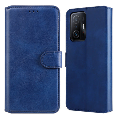Blue flip phone leather case with side clasp and camera cutout for phone protection.
