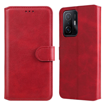 Red flip phone leather case with side clasp and camera cutout for phone protection.