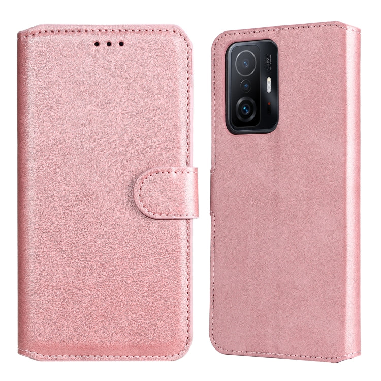 Rose gold leather flip phone case with calf texture, magnetic flap, camera cutout.