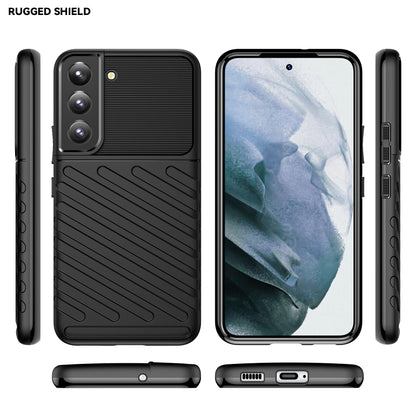 Black rugged phone case with textured grip, camera protection, and side button openings