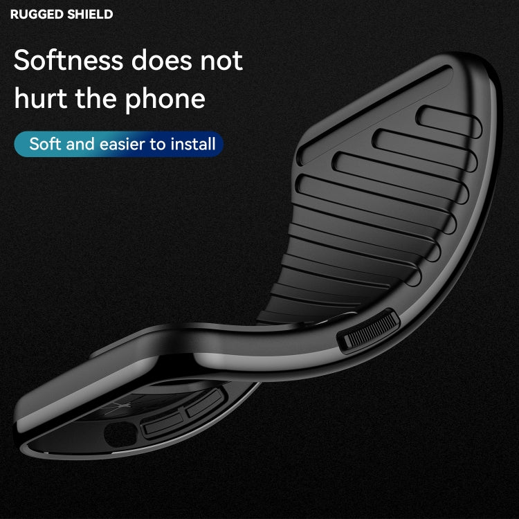 Black rugged TPU phone case with flexible curved edges and textured back for shock protection