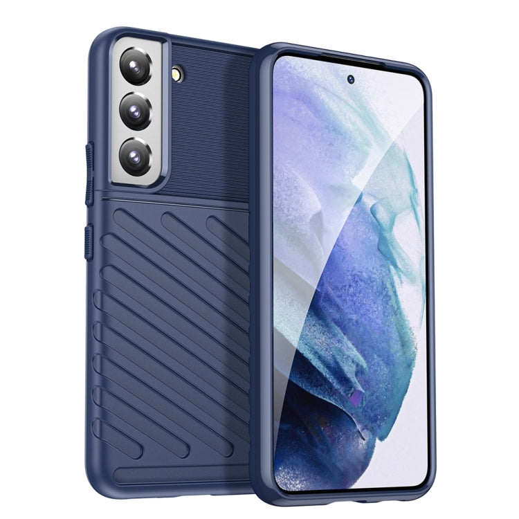 Blue rugged TPU phone case with textured back, camera cutouts, and raised screen edges