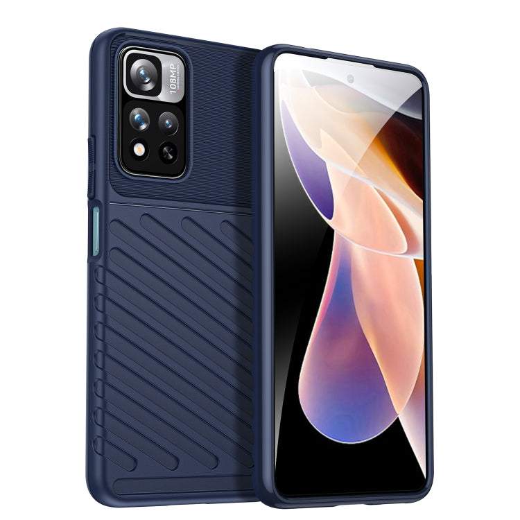 Blue rugged TPU phone case with textured ridges, camera opening, and protective lip