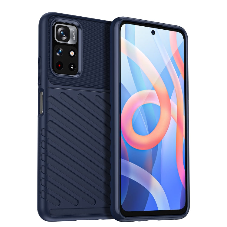 Blue shockproof TPU phone case with rugged grip texture and raised camera cutout