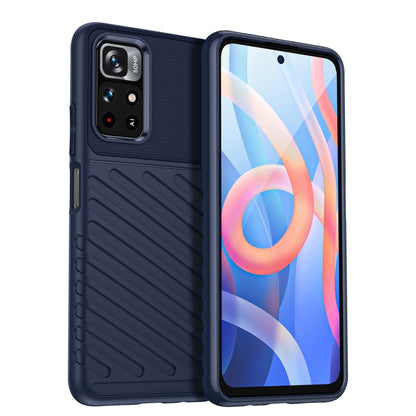 Blue shockproof TPU phone case with rugged grip texture and raised camera cutout
