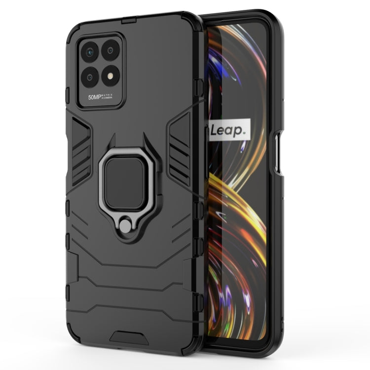 Shockproof phone case with TPU bumper and magnetic ring holder, black hard shell