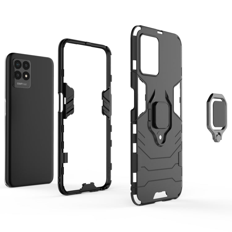 Shockproof phone case with TPU bumper and magnetic ring holder, black back and front
