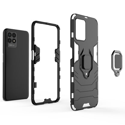 Shockproof phone case with TPU bumper and magnetic ring holder, black back and front