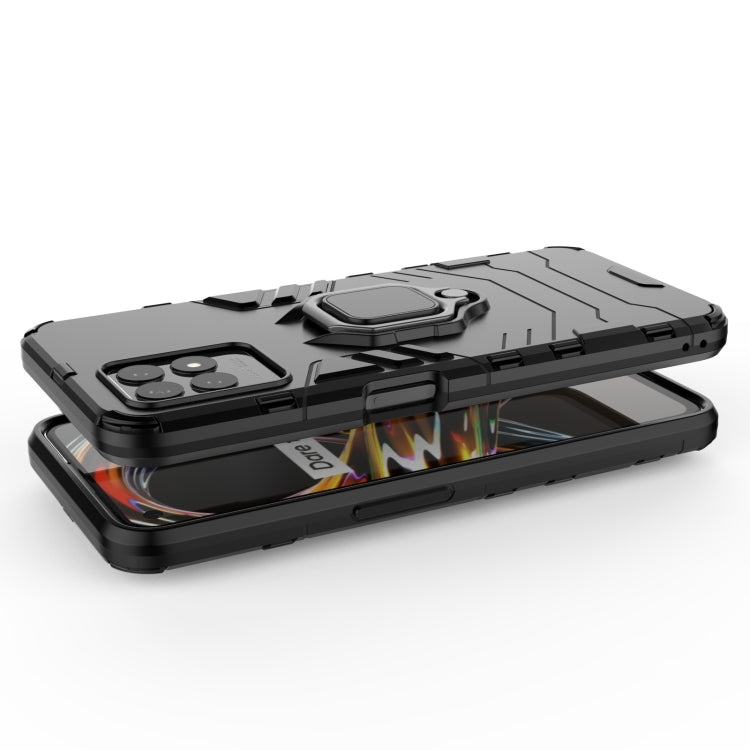 Shockproof phone case with magnetic ring holder, black bumper with raised screen edges