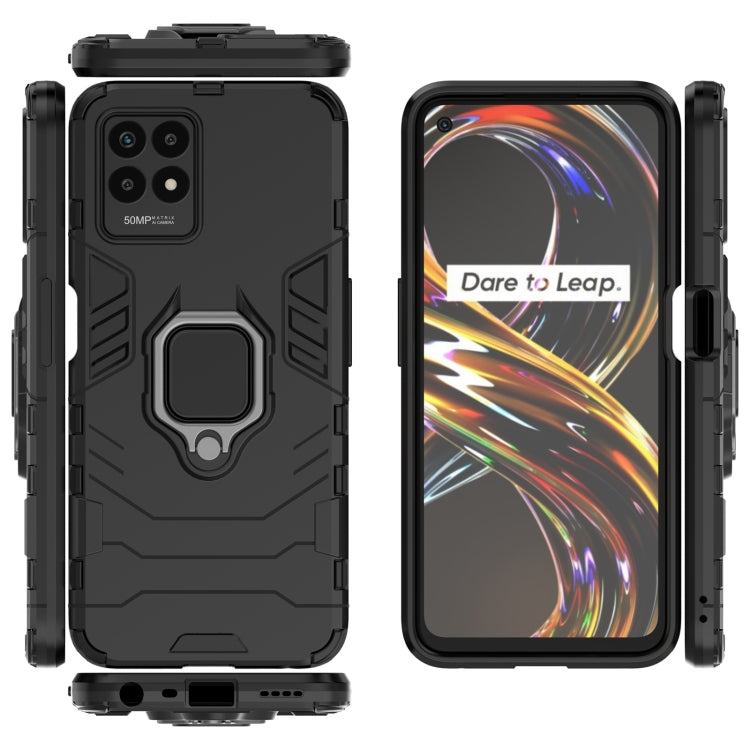 Shockproof phone case with TPU bumper and magnetic ring holder, black front and back