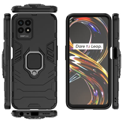 Shockproof phone case with TPU bumper and magnetic ring holder, black front and back