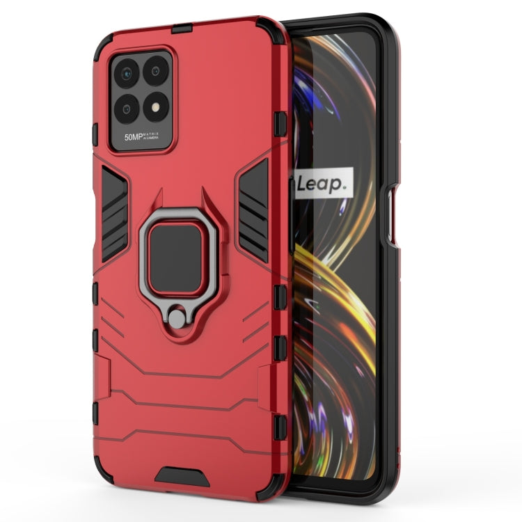 Shockproof phone case with TPU bumper and magnetic ring holder, red hard shell