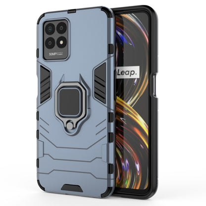 Shockproof phone case with TPU bumper and magnetic ring holder, blue-gray hard shell