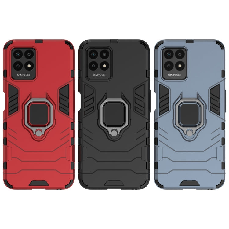 Shockproof phone cases with magnetic ring holder, red, black, and blue-gray set