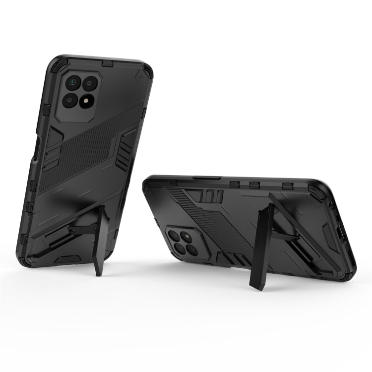 Rugged phone case for Realme 8i, dark black with built-in kickstand and camera cutouts