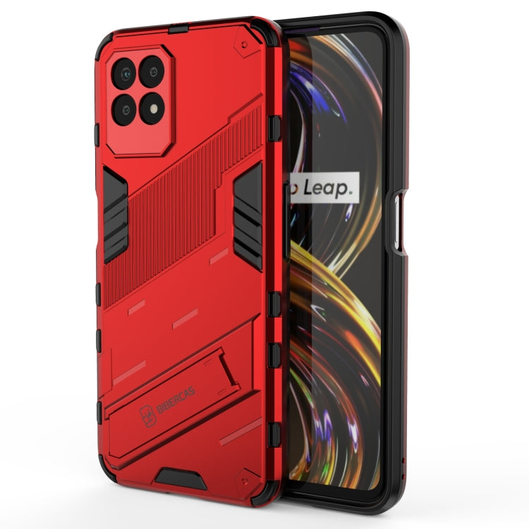 Rugged shockproof phone case for Realme 8i, red TPU with built-in holder and camera cutouts