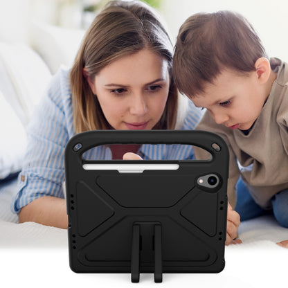 Black shockproof EVA tablet case with triangle stand in use, child and tablet visible