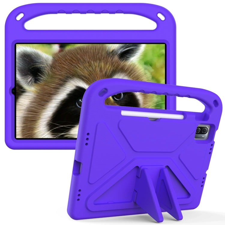 Purple EVA shockproof tablet case with handle and triangle stand, angled view