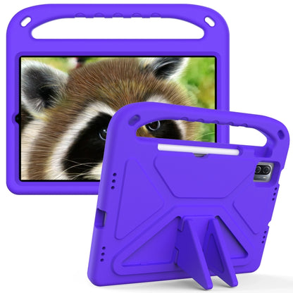 Purple EVA shockproof tablet case with handle and triangle stand, angled view