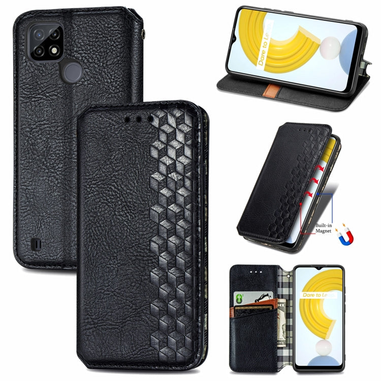 Black textured leather flip phone case with magnetic closure, card slots, and cube grid pattern