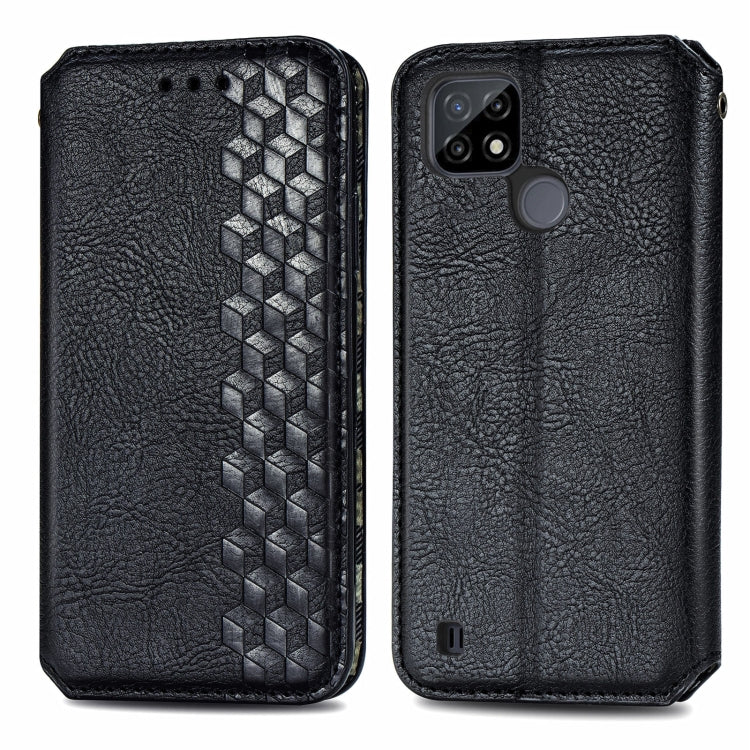 Black flip phone case with textured finish and embossed cube grid front panel, magnetic clasp