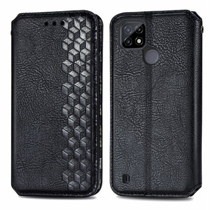 Black flip phone case with textured finish and embossed cube grid front panel, magnetic clasp