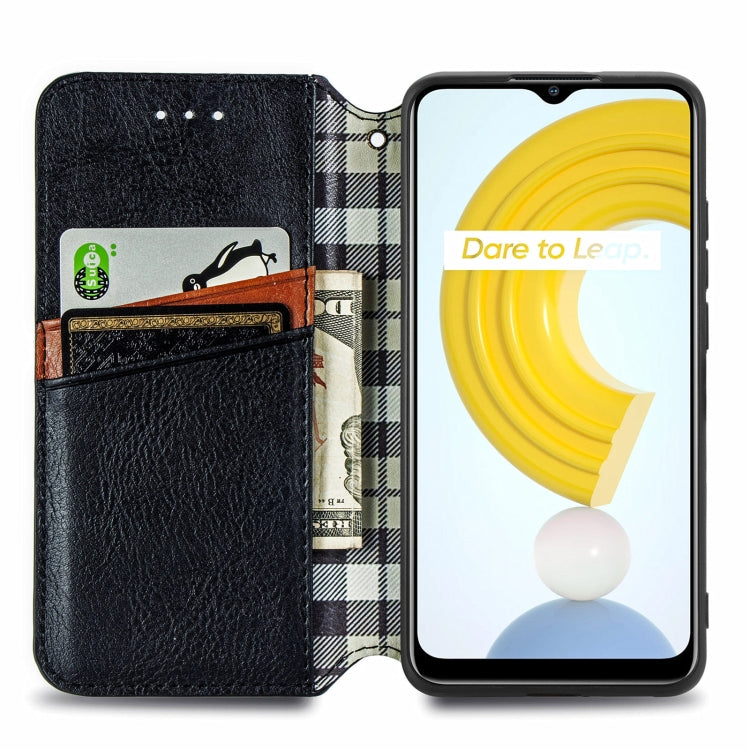 Black leather wallet flip phone case with card slots, open cover, embossed cube grid pattern