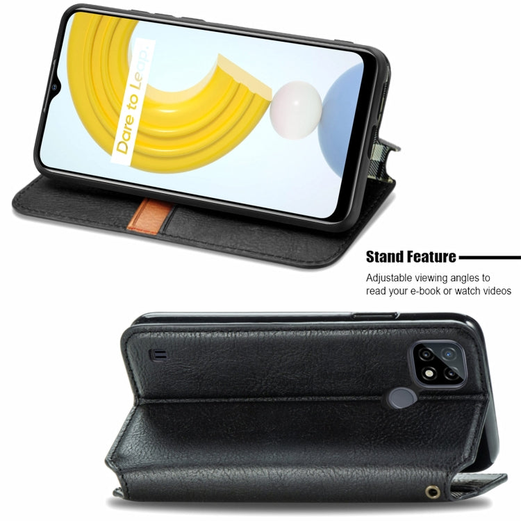 Black leather flip phone case with stand feature, viewing angle support, magnetic closure