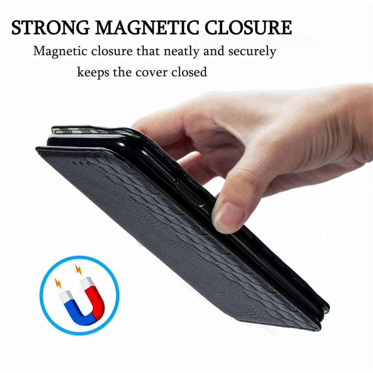 Black textured leather flip phone case with magnetic closure tab for secure cover