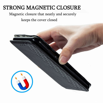 Black textured leather flip phone case with magnetic closure tab for secure cover