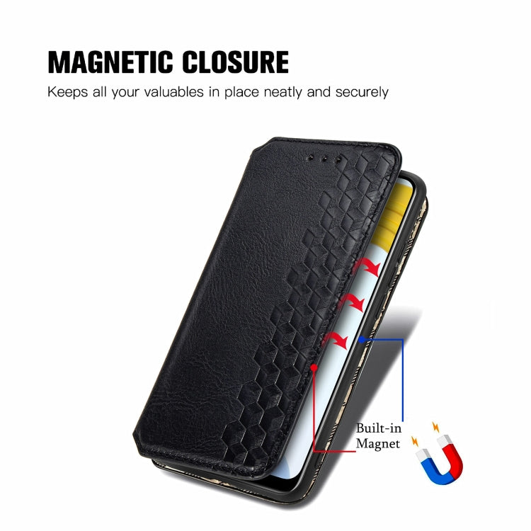 Black flip phone case with cube grid embossing and built-in magnetic closure for secure fit