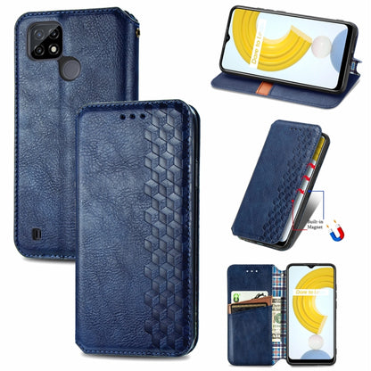 Blue flip magnetic leather phone case with cubic grid embossing and card slots