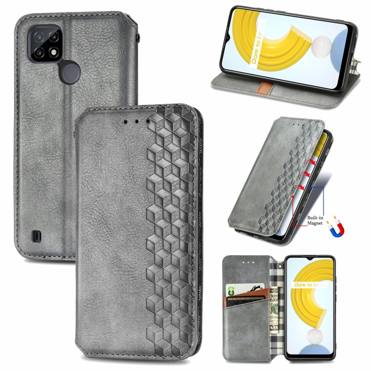 Grey flip magnetic leather phone case with cubic grid embossing and card slots