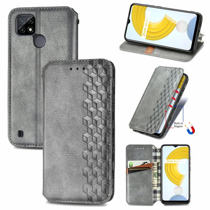 Grey flip magnetic leather phone case with cubic grid embossing and card slots