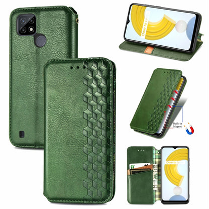 Green flip magnetic leather phone case with cubic grid embossing and card slots