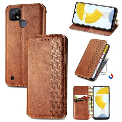 Brown leather flip phone case with magnetic closure, card slots, and cube-pressed pattern