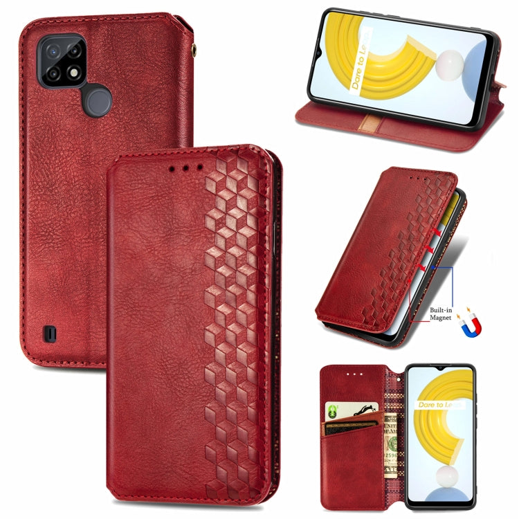 Red leather flip phone case with magnetic closure, card slots, and cube-pressed pattern