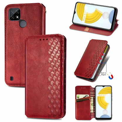 Red leather flip phone case with magnetic closure, card slots, and cube-pressed pattern