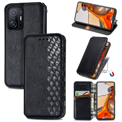Black textured leather flip phone case with card slots and embossed cube grid front
