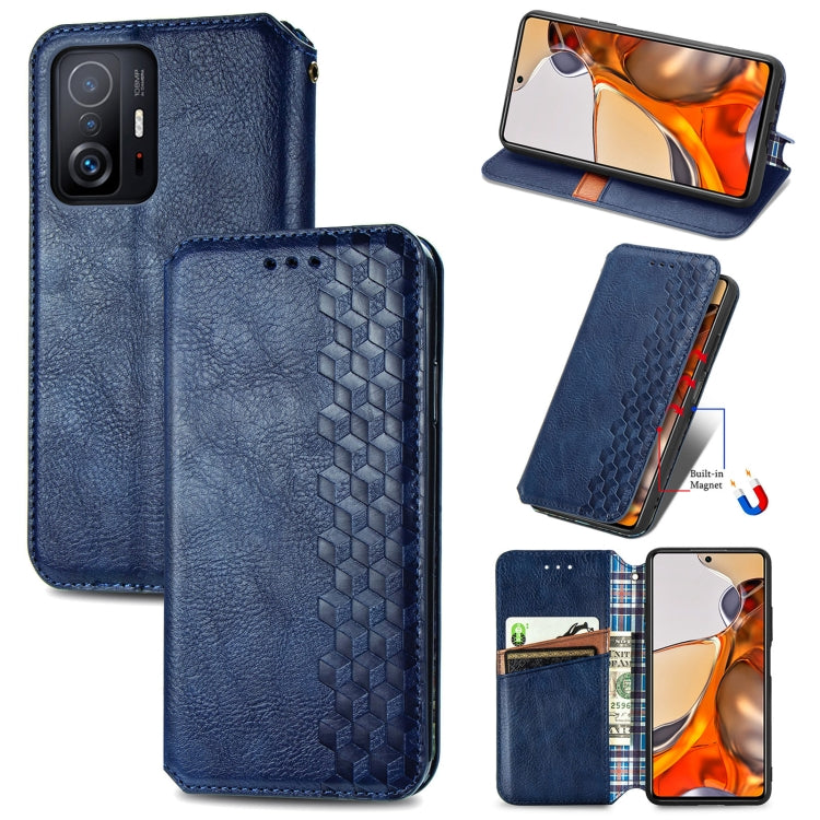 Blue flip magnetic wallet case with cubic grid texture, card slots, and stand view