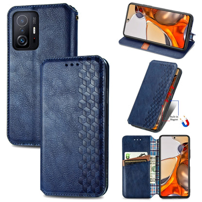 Blue flip magnetic wallet case with cubic grid texture, card slots, and stand view