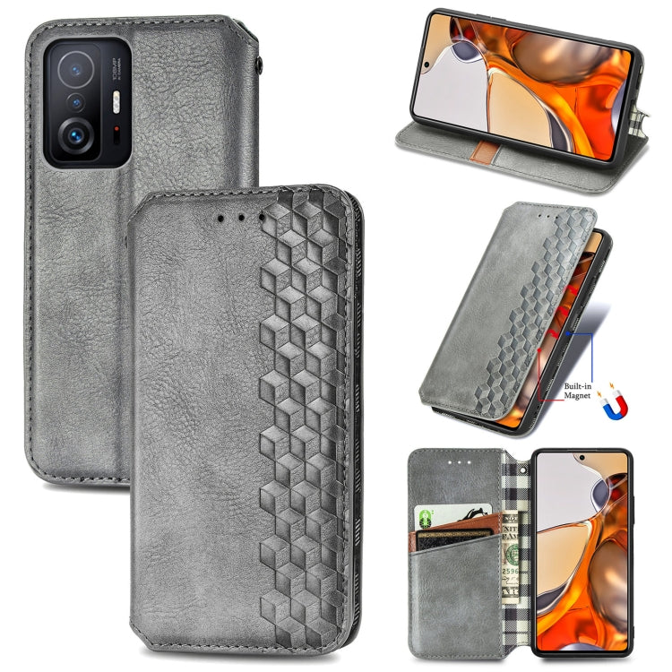 Grey flip magnetic wallet case with cubic grid texture, card slots, and viewing stand