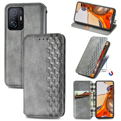Grey flip magnetic wallet case with cubic grid texture, card slots, and viewing stand