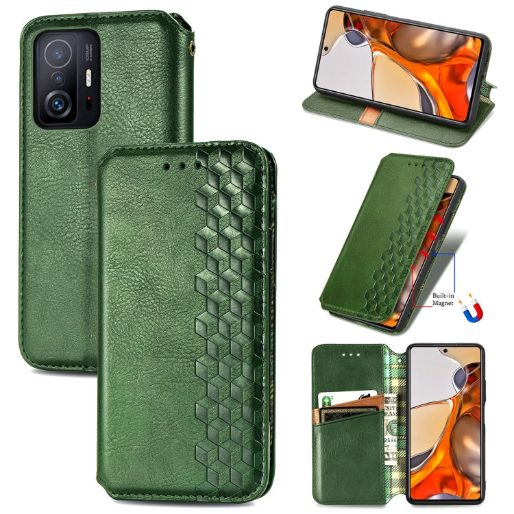 Green flip magnetic wallet case with cubic grid texture, card slots, and stand view